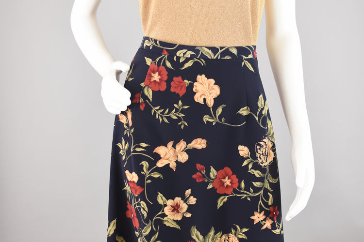 90s Dark Floral Flowy Midi Skirt, Women's Small, 28" Waist