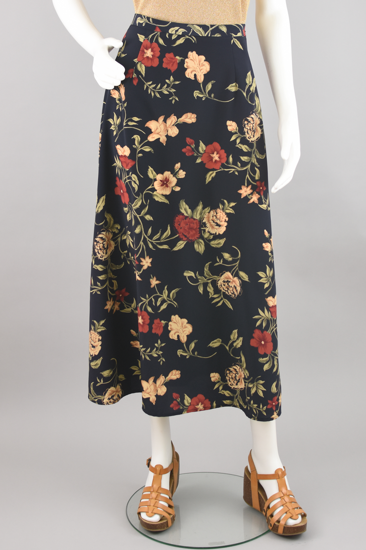 90s Dark Floral Flowy Midi Skirt, Women's Small, 28" Waist