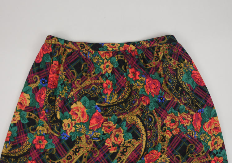 80s High Waist Pleated Dark Floral Midi Skirt Women's 36 - 38" Waist