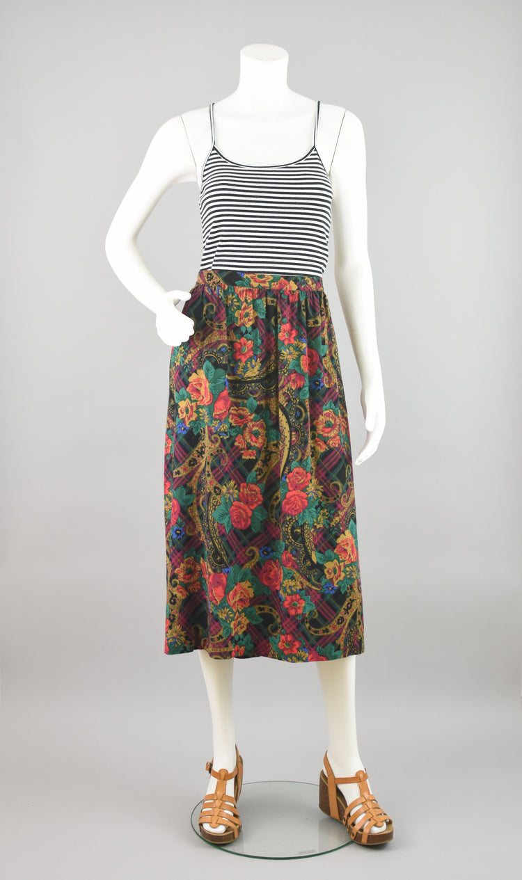 80s High Waist Pleated Dark Floral Midi Skirt Women's 36 - 38" Waist