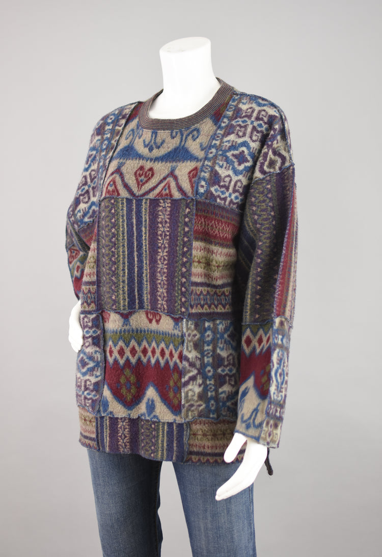 90s Express Patchwork Fuzzy Mixed Pattern Sweater, Women's One Size