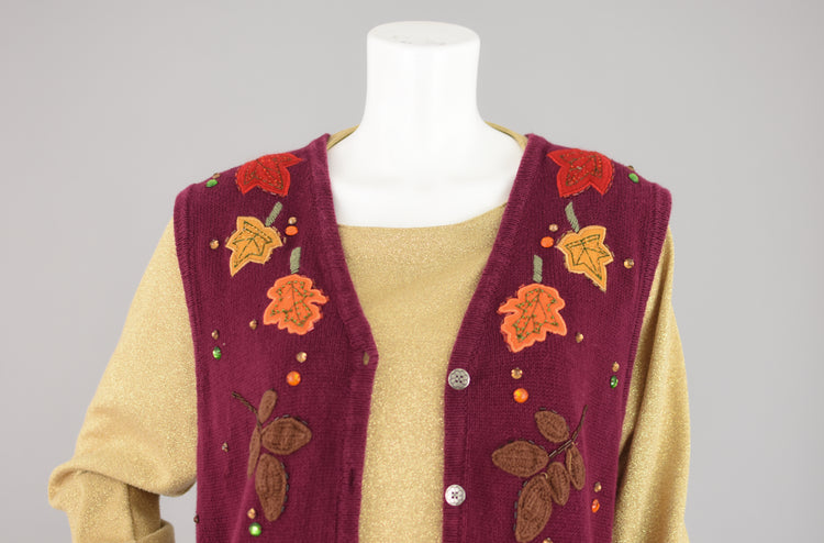 90s Burgundy Fall Leaf Sweater Vest Women's Medium - Large