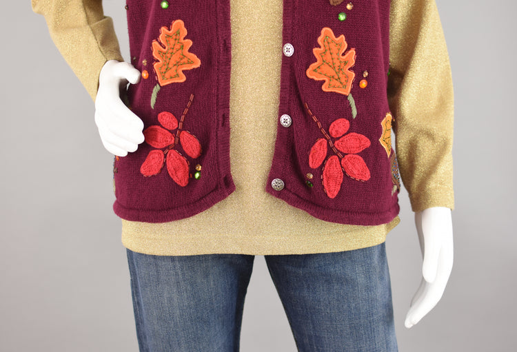 90s Burgundy Fall Leaf Sweater Vest Women's Medium - Large