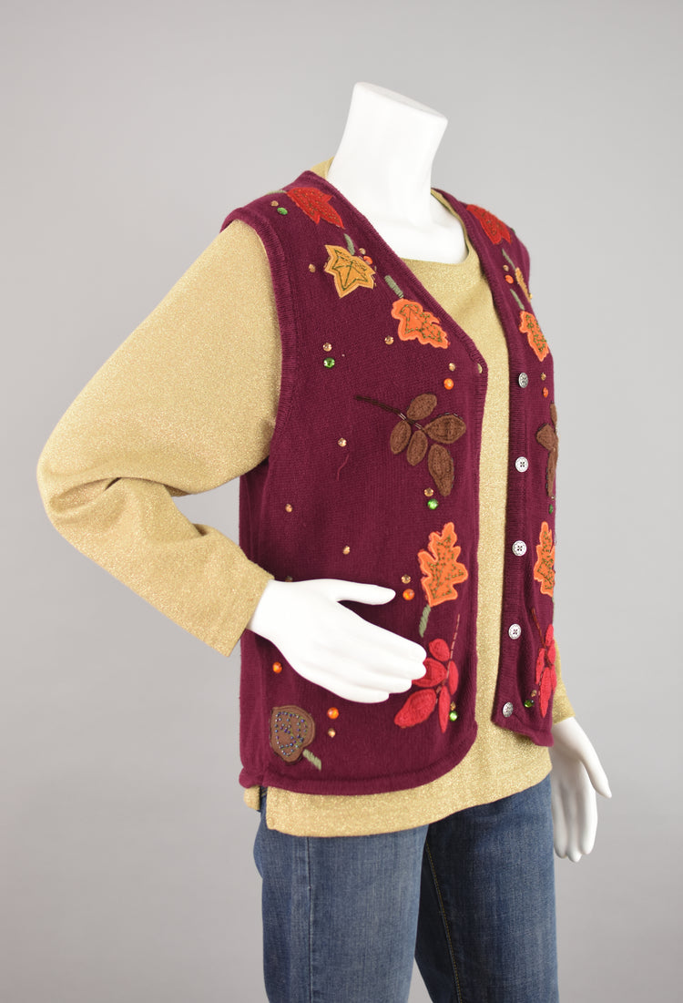 90s Burgundy Fall Leaf Sweater Vest Women's Medium - Large