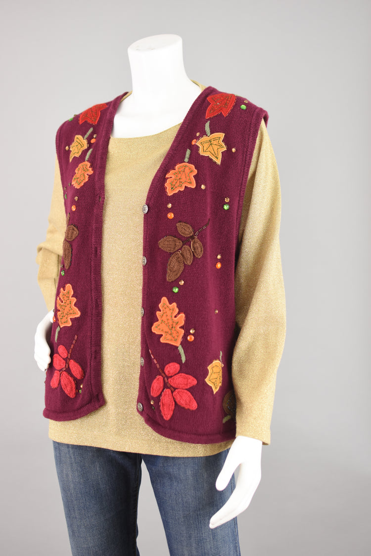 90s Burgundy Fall Leaf Sweater Vest Women's Medium - Large