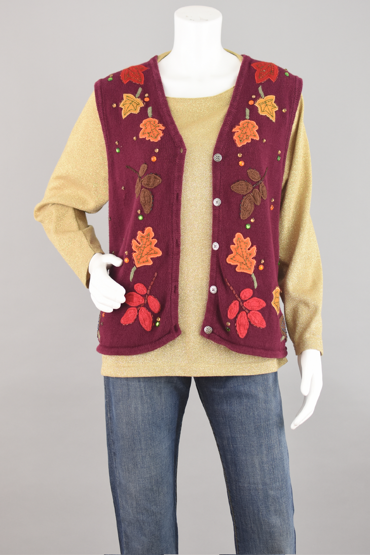 90s Burgundy Fall Leaf Sweater Vest Women's Medium - Large