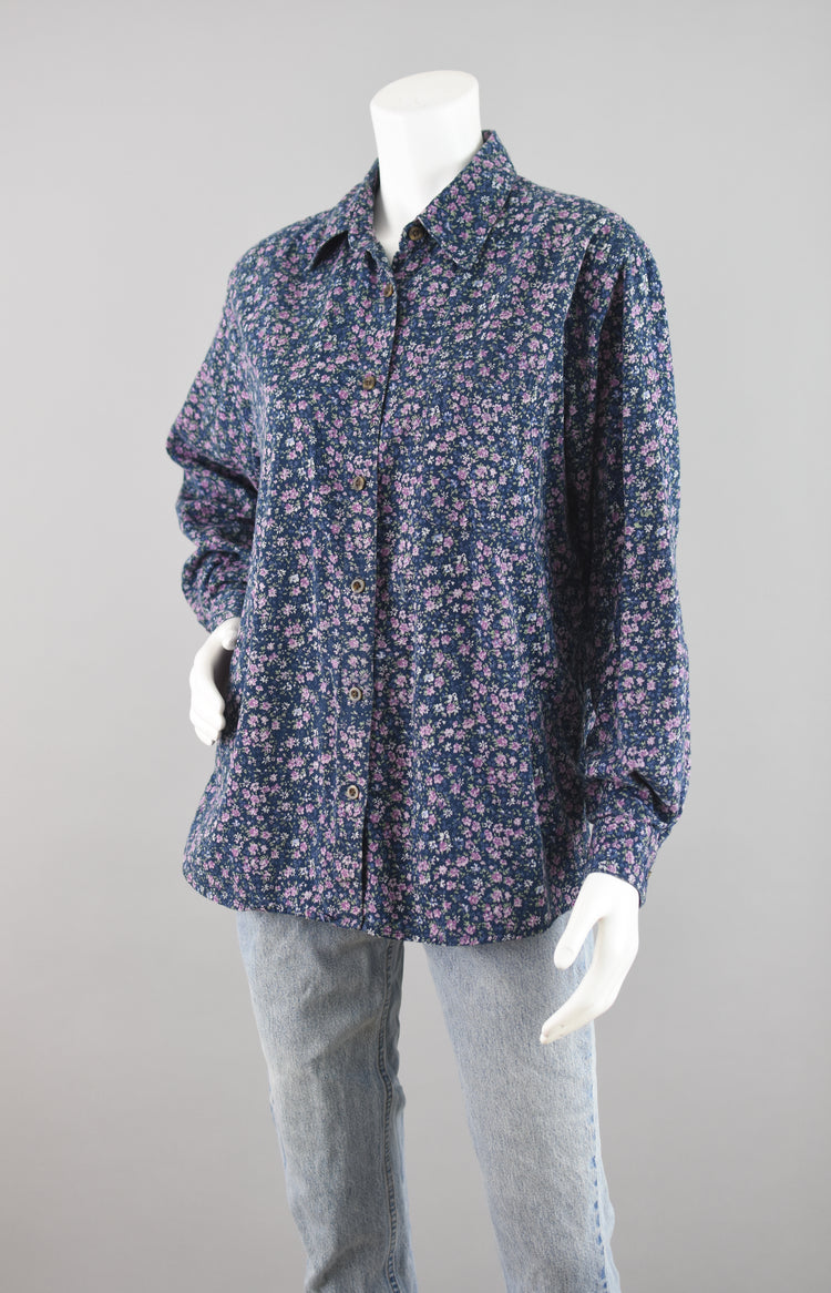 90s Oversized Blue Floral Long Sleeve Shirt Women's Large