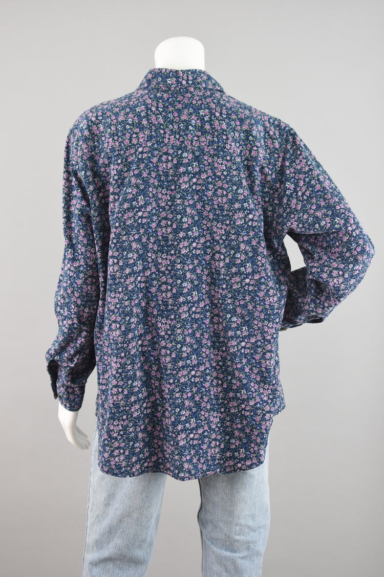 90s Oversized Blue Floral Long Sleeve Shirt Women's Large