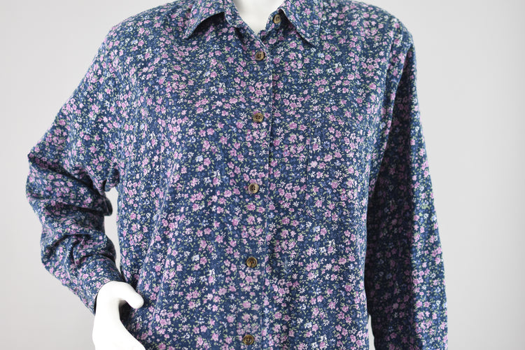 90s Oversized Blue Floral Long Sleeve Shirt Women's Large