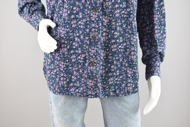 90s Oversized Blue Floral Long Sleeve Shirt Women's Large