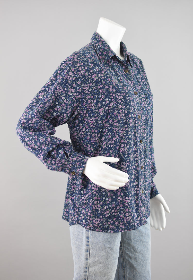 90s Oversized Blue Floral Long Sleeve Shirt Women's Large