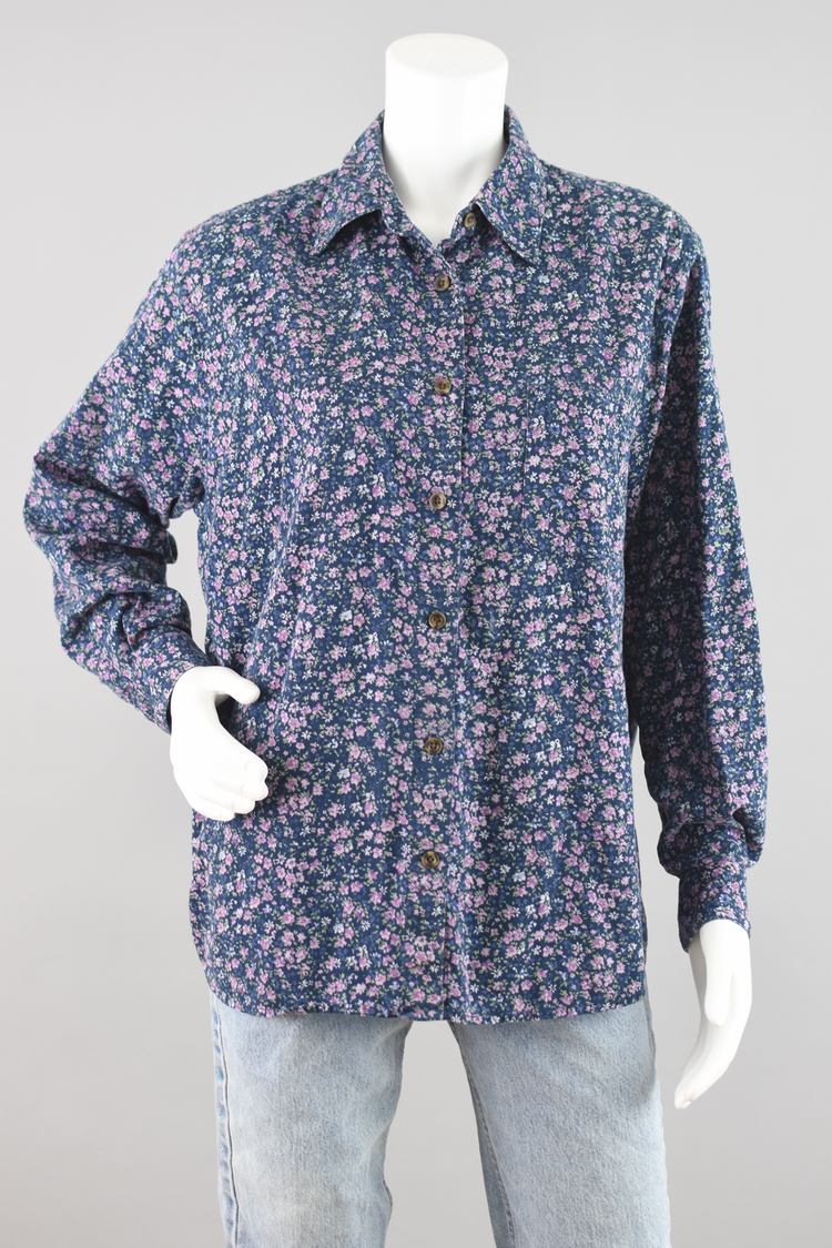 90s Oversized Blue Floral Long Sleeve Shirt Women's Large