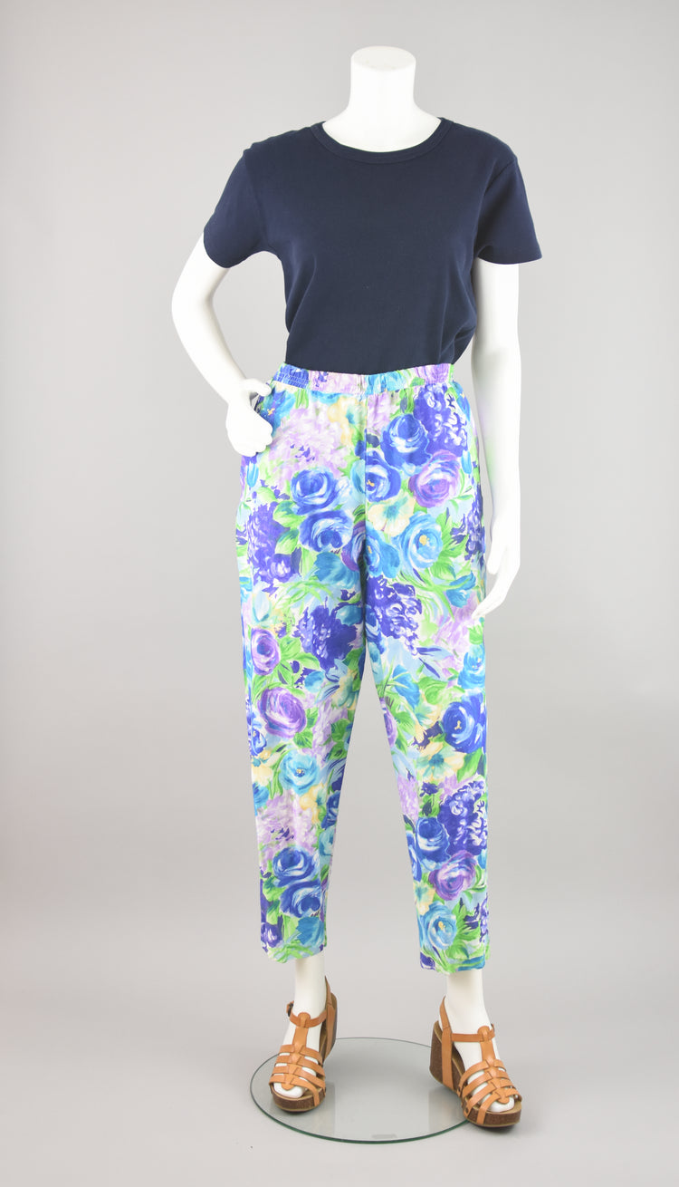 90s Purple & Blue Floral Easy Pants, Women's Size 12 Petite, 28 - 30" Waist