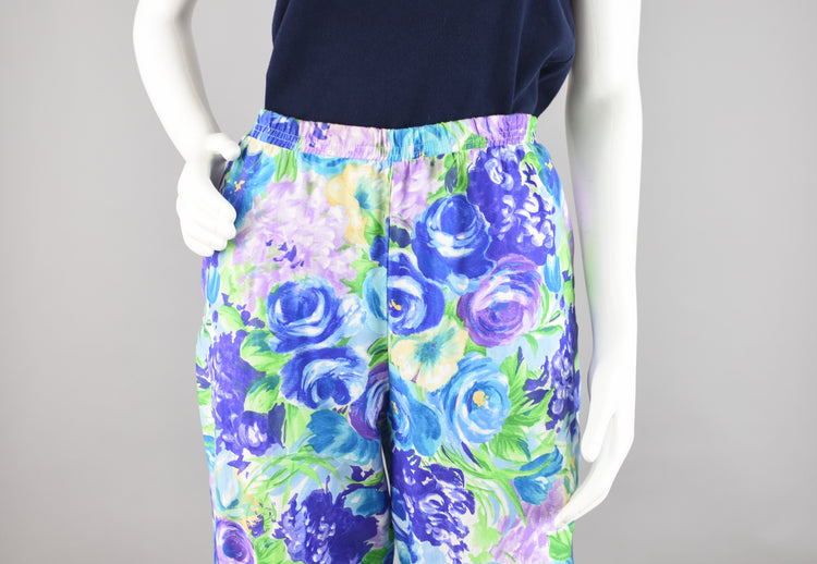 90s Purple & Blue Floral Easy Pants, Women's Size 12 Petite, 28 - 30" Waist