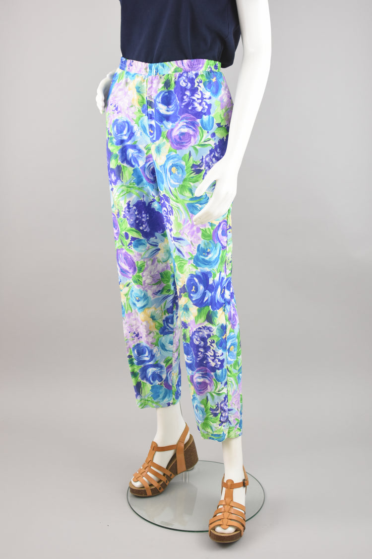 90s Purple & Blue Floral Easy Pants, Women's Size 12 Petite, 28 - 30" Waist