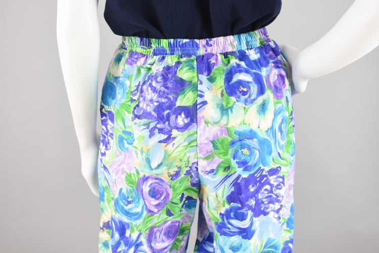 90s Purple & Blue Floral Easy Pants, Women's Size 12 Petite, 28 - 30" Waist