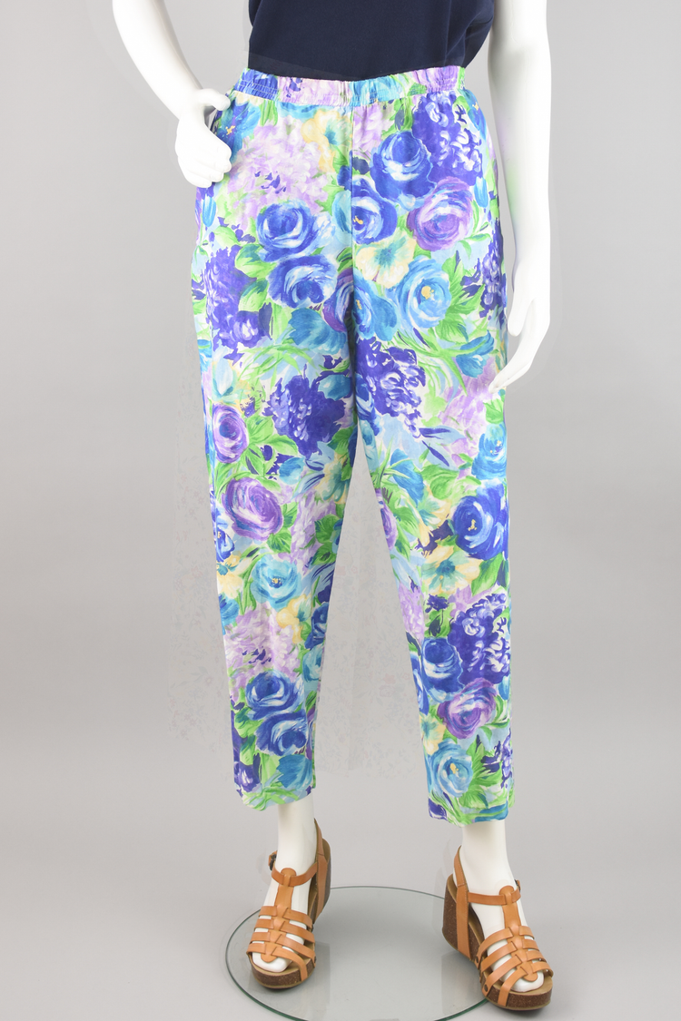 90s Purple & Blue Floral Easy Pants, Women's Size 12 Petite, 28 - 30" Waist