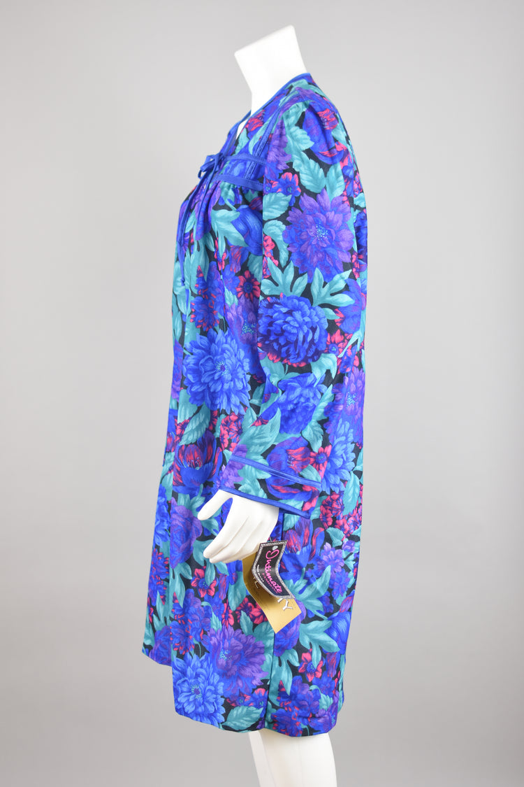 Vintage Deadstock 80s Blue Floral Button Down Housecoat, Women's Medium