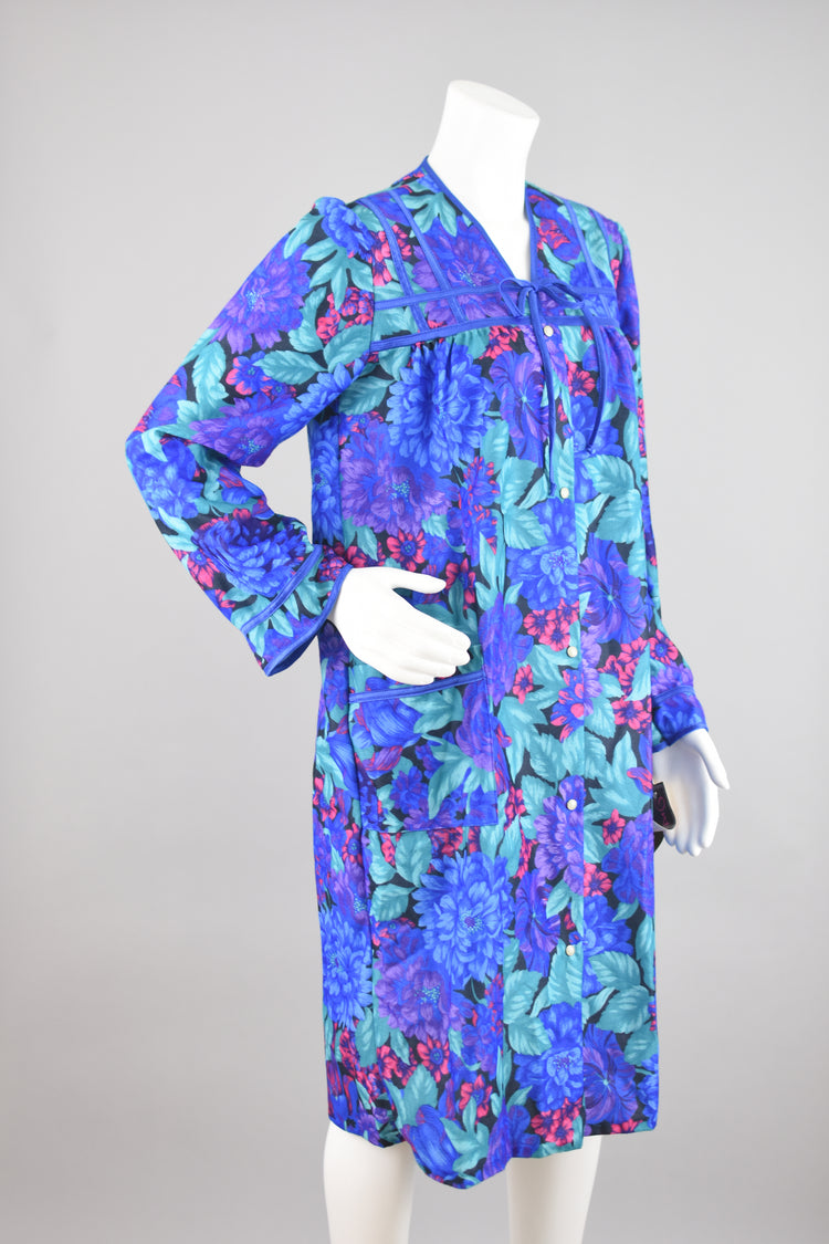 Vintage Deadstock 80s Blue Floral Button Down Housecoat, Women's Medium