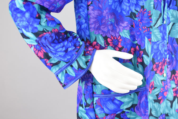 Vintage Deadstock 80s Blue Floral Button Down Housecoat, Women's Medium