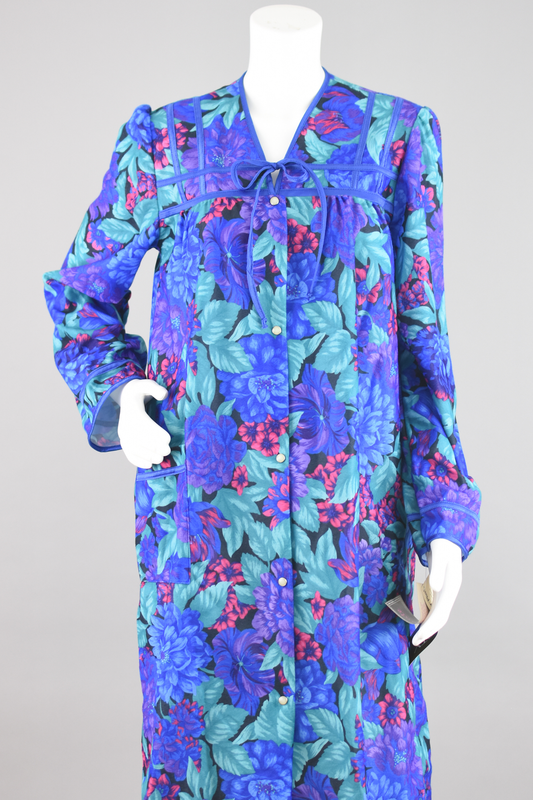 Vintage Deadstock 80s Blue Floral Button Down Housecoat, Women's Medium