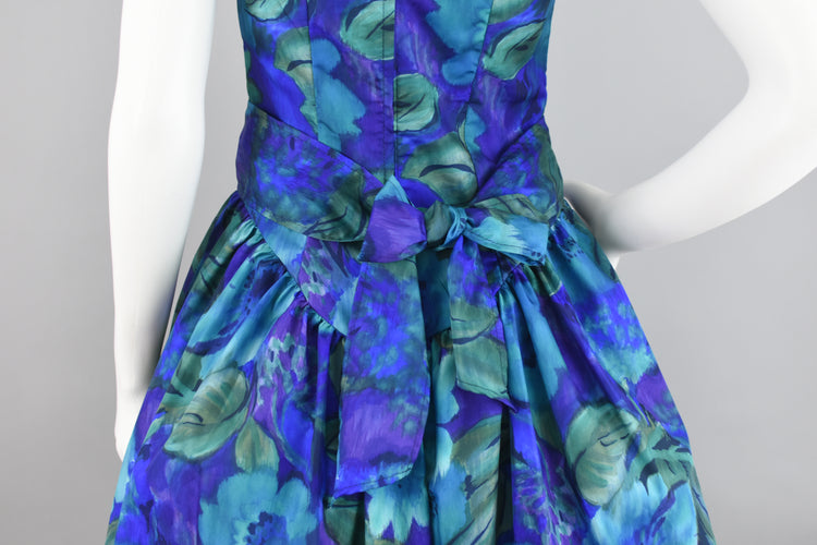 80s Blue Floral Fit and Flare Prom Dress Juniors Size 7