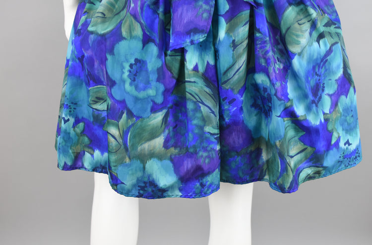 80s Blue Floral Fit and Flare Prom Dress Juniors Size 7