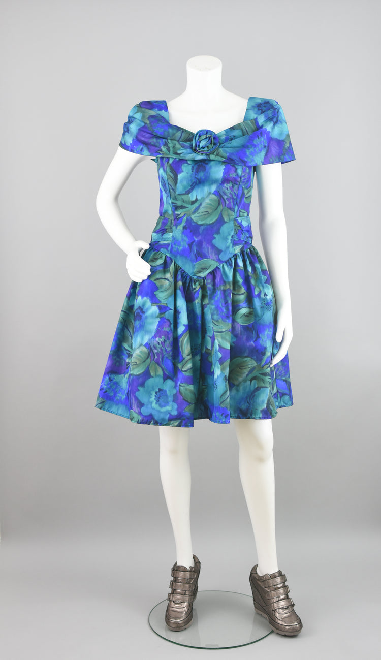 80s Blue Floral Fit and Flare Prom Dress Juniors Size 7