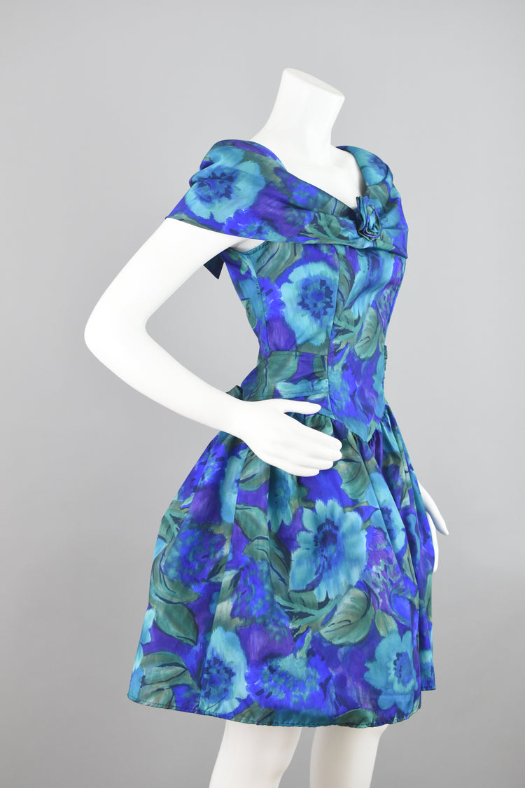 80s Blue Floral Fit and Flare Prom Dress Juniors Size 7