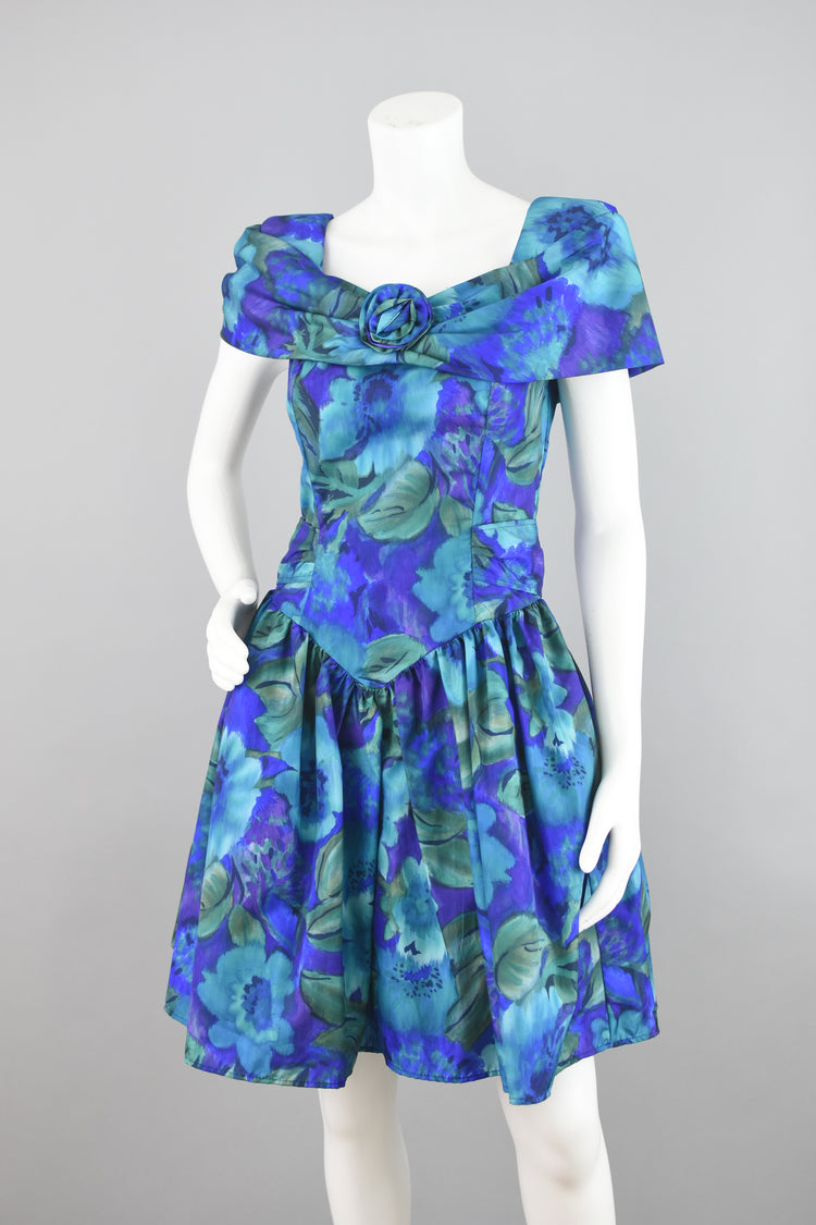 80s Blue Floral Fit and Flare Prom Dress Juniors Size 7