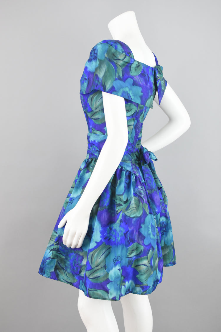 80s Blue Floral Fit and Flare Prom Dress Juniors Size 7