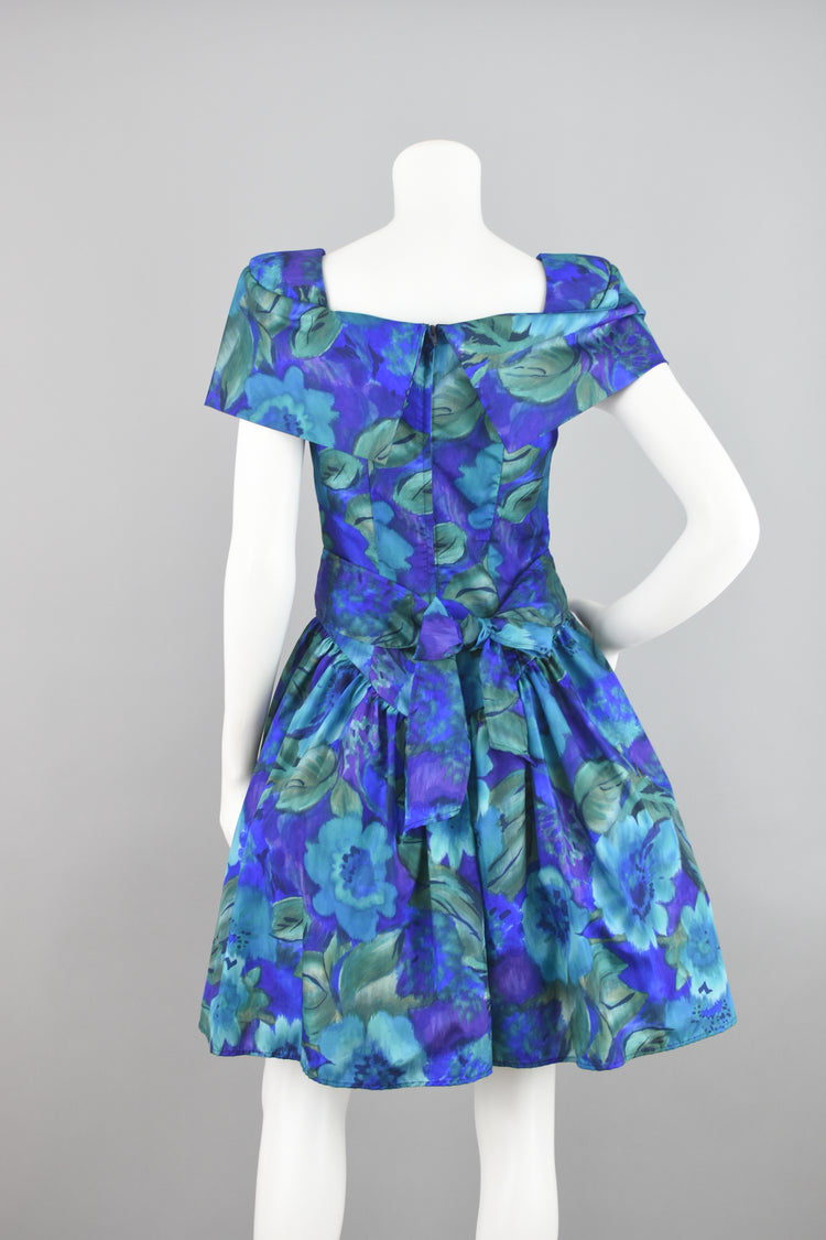 80s Blue Floral Fit and Flare Prom Dress Juniors Size 7