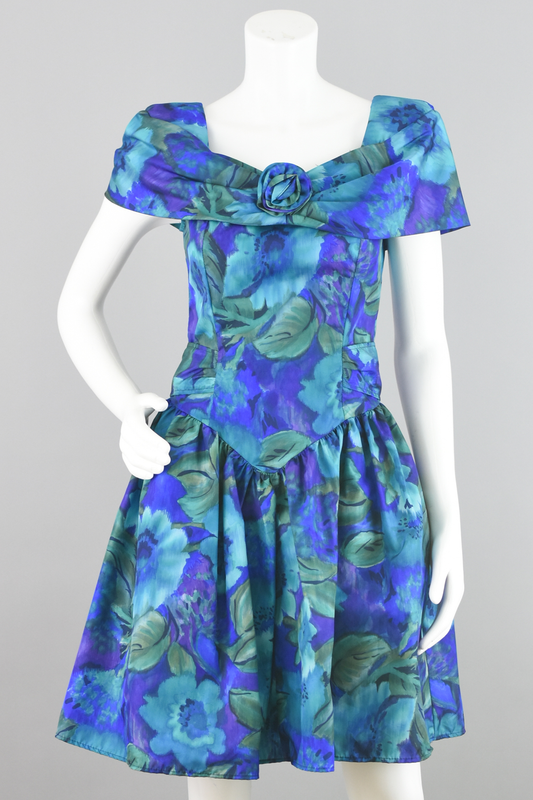 80s Blue Floral Fit and Flare Prom Dress Juniors Size 7