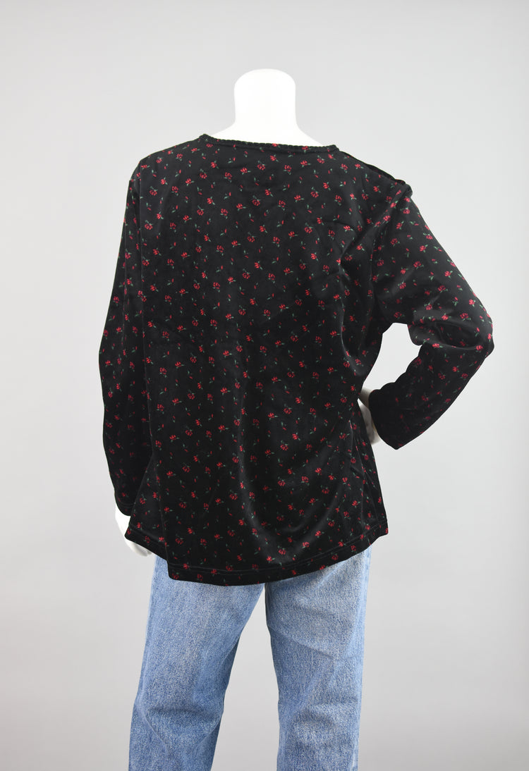 90s Black Velvet Long Sleeve Floral Shirt, Women's Extra Large