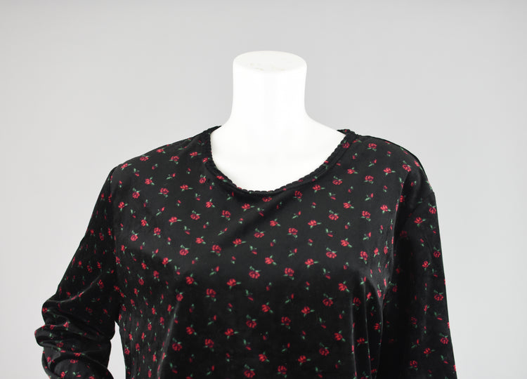 90s Black Velvet Long Sleeve Floral Shirt, Women's Extra Large