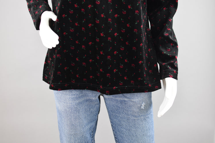 90s Black Velvet Long Sleeve Floral Shirt, Women's Extra Large