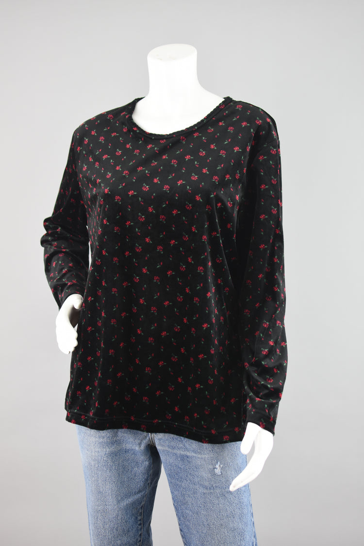 90s Black Velvet Long Sleeve Floral Shirt, Women's Extra Large