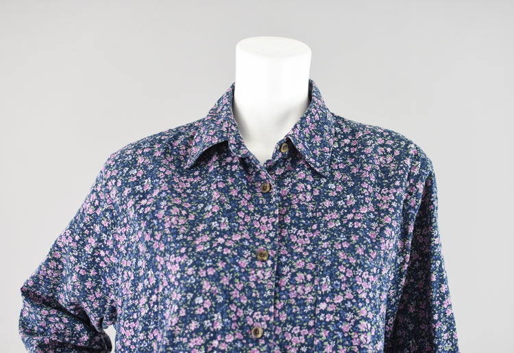 90s Oversized Blue Floral Long Sleeve Shirt Women's Large