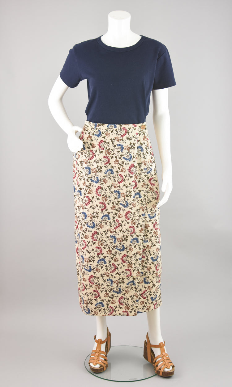 90s Floral Denim Wrap Midi Skirt, Juniors Size 15, 31" Waistline