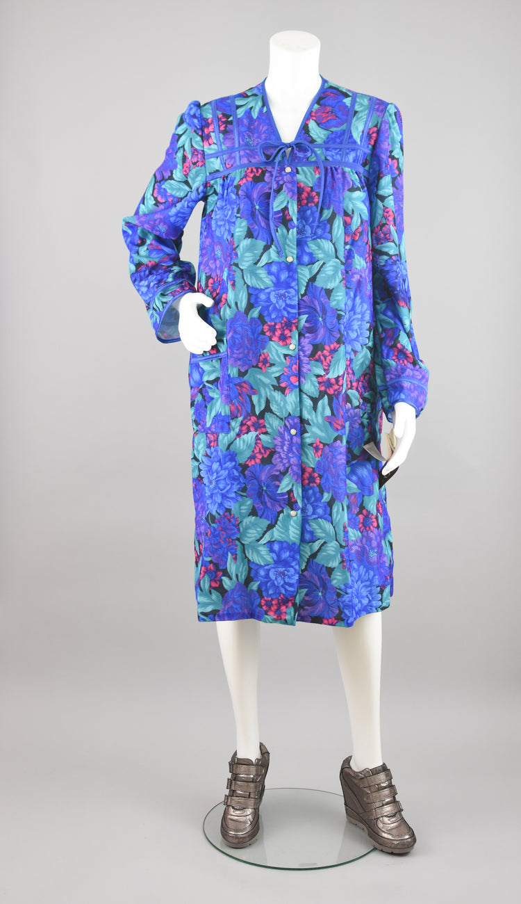 Vintage Deadstock 80s Blue Floral Button Down Housecoat, Women's Medium