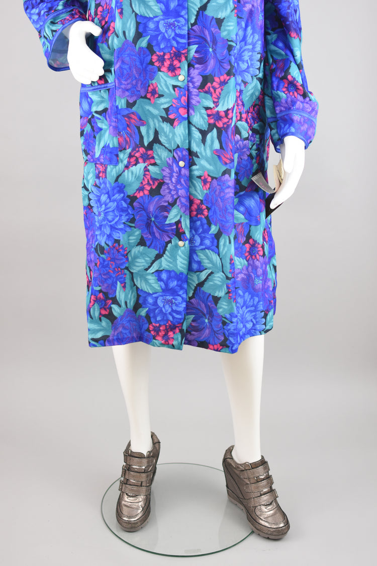 Vintage Deadstock 80s Blue Floral Button Down Housecoat, Women's Medium