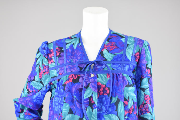 Vintage Deadstock 80s Blue Floral Button Down Housecoat, Women's Medium