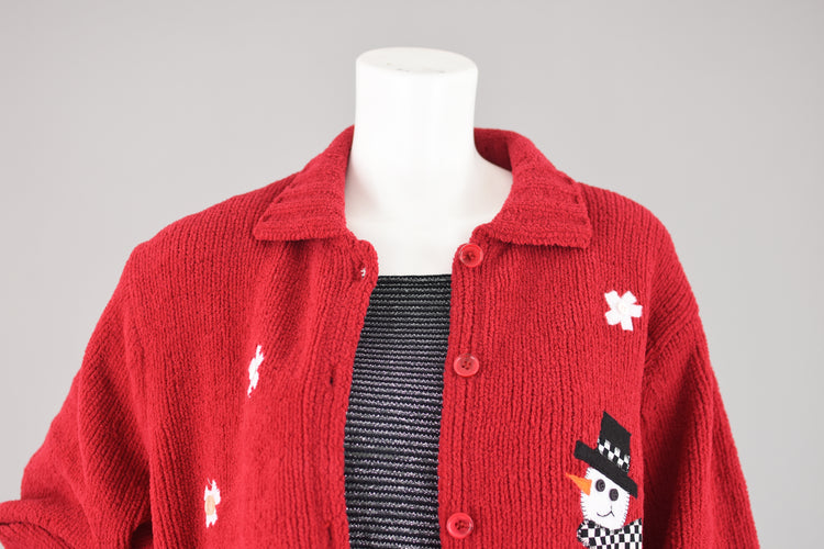 Vintage 90s Fuzzy Red Snowmen Cardigan, Women's Extra Large