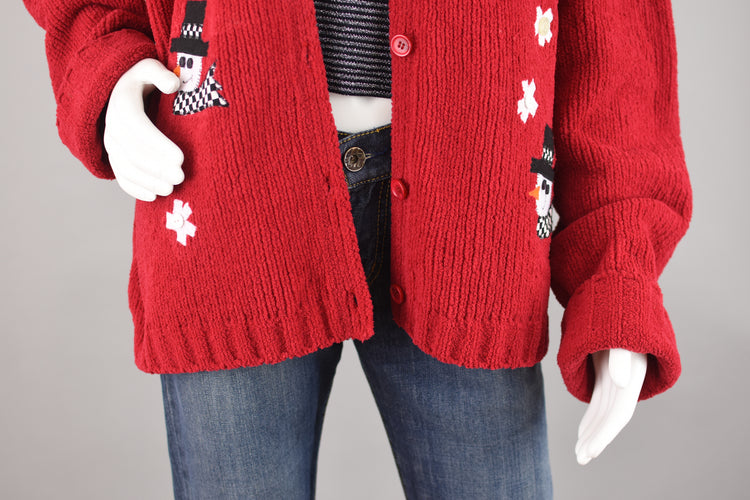 Vintage 90s Fuzzy Red Snowmen Cardigan, Women's Extra Large