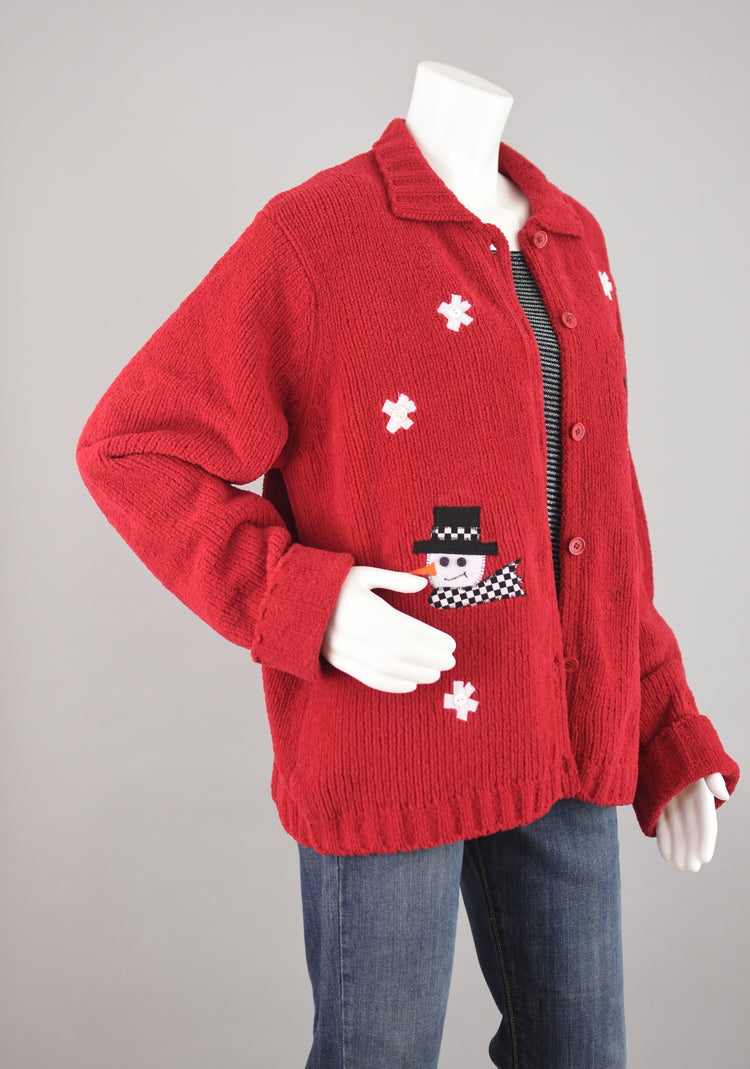 Vintage 90s Fuzzy Red Snowmen Cardigan, Women's Extra Large