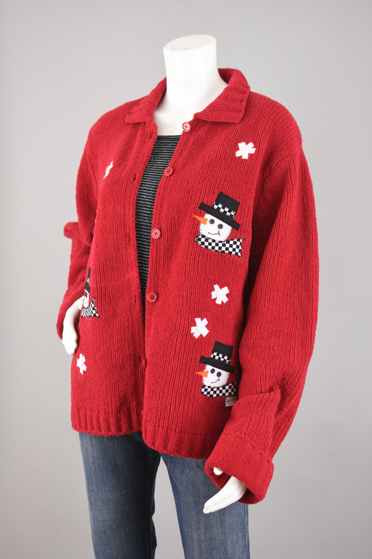 Vintage 90s Fuzzy Red Snowmen Cardigan, Women's Extra Large