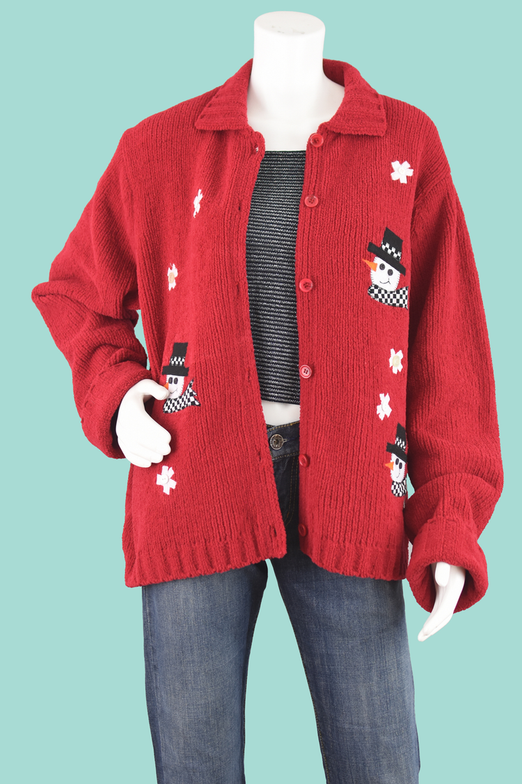 Vintage 90s Fuzzy Red Snowmen Cardigan, Women's Extra Large