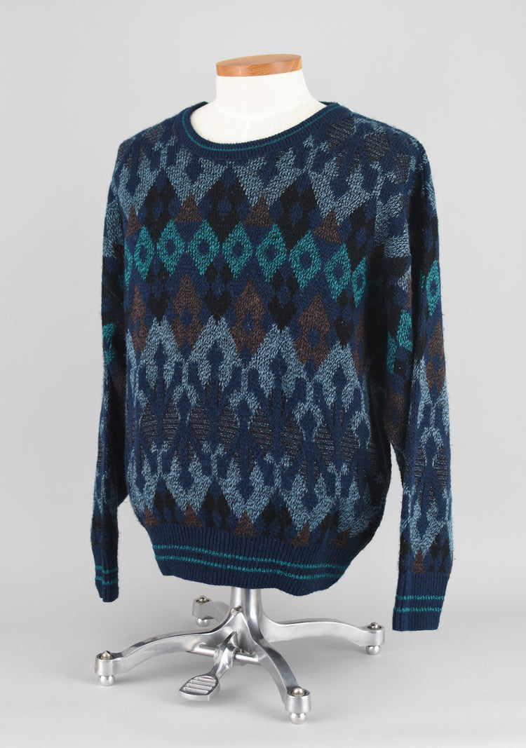 90s Jantzen Blue Geometric Slouchy Sweater, Men's Large