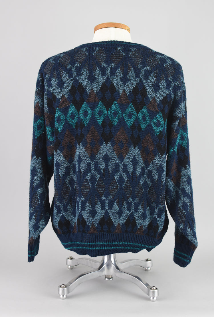 90s Jantzen Blue Geometric Slouchy Sweater, Men's Large