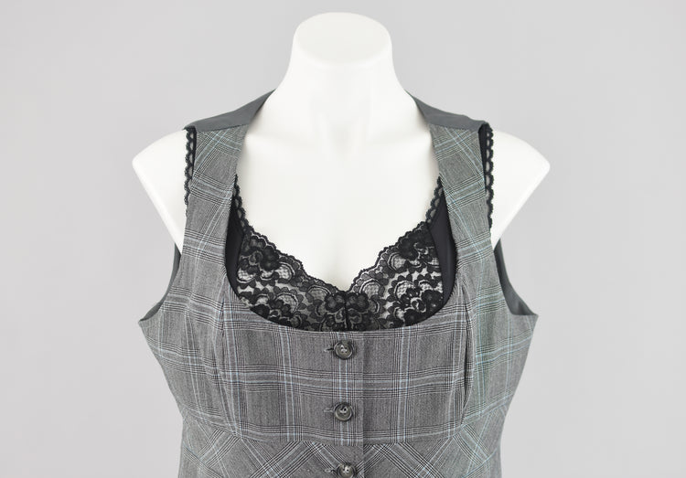 90s Gray Plaid Fitted Waistcoat Vest, New York & Company Women's Size 14